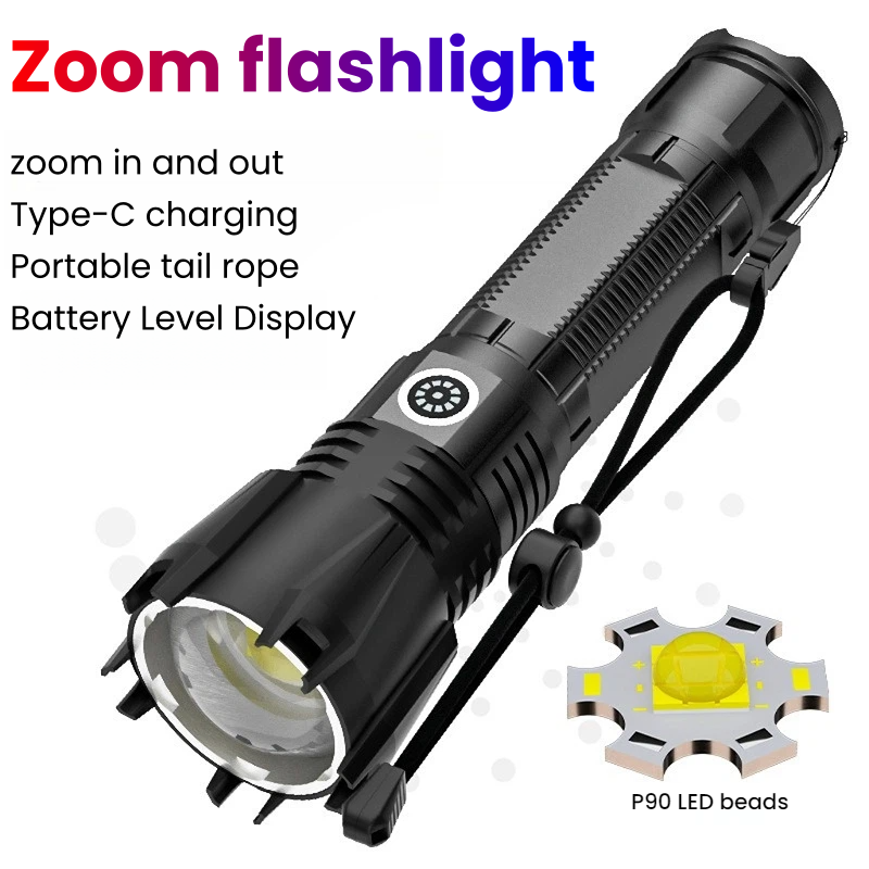 Outdoor Power For Camping - High-power P90 LED Flashlight TYPE-C Rechargeable