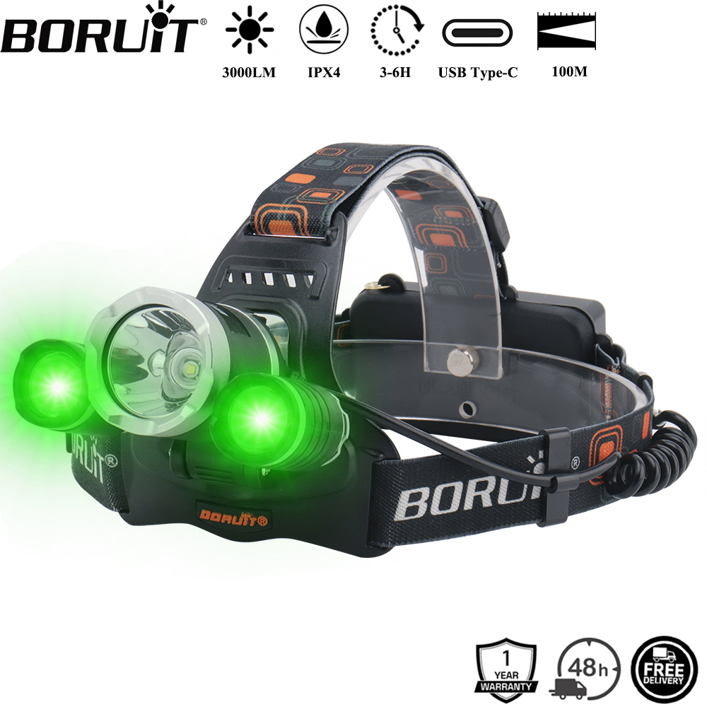 Outdoor Power Head - BORUiT RJ-3000 Green LED Headlamp 3000LM
